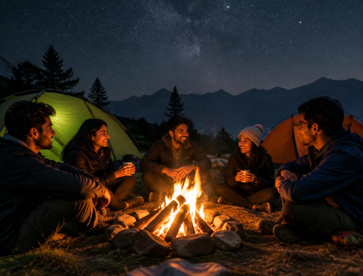 Friends around a bonfire at night